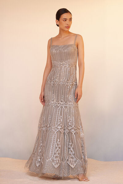 Amena Embroidered Gown - Grey