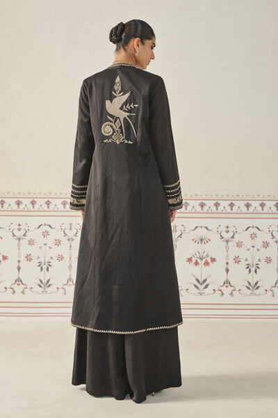 Saanjh Embroidered Cord Long Jacket Set - Black