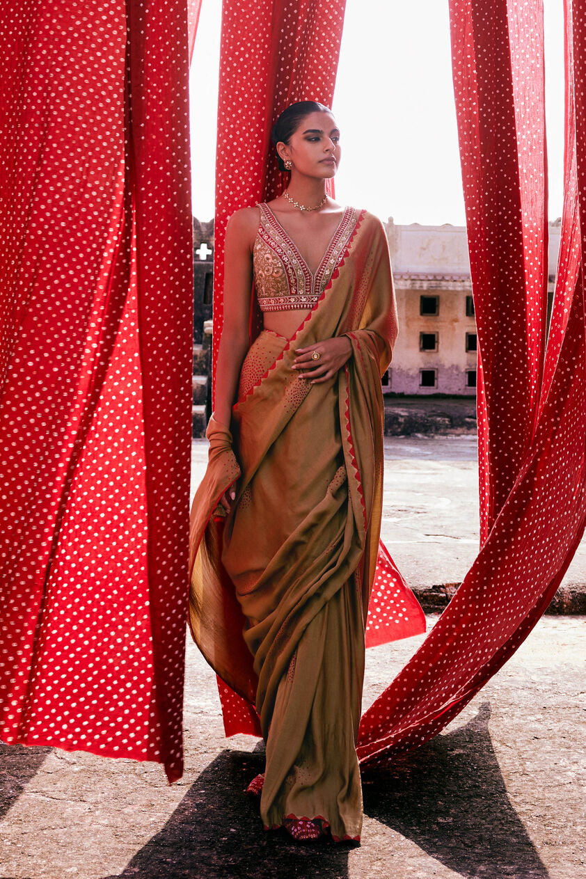 Maywa Handcrafted Bandhani Silk Pre-draped Saree - Olive, Olive, image 1