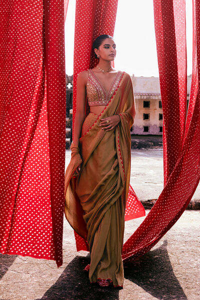 Maywa Handcrafted Bandhani Silk Pre-draped Saree - Olive
