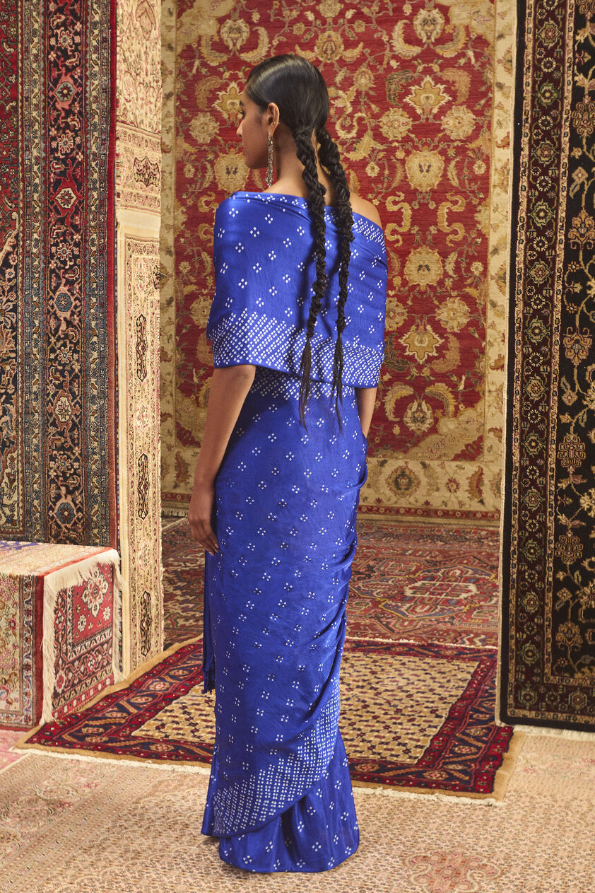 Tarangita Handcrafted Bandhani Fringe Silk Pre-draped Saree - Blue, Blue, image 2