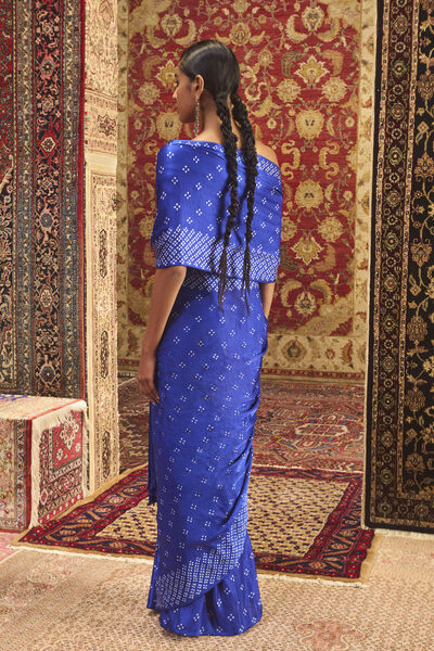 Tarangita Handcrafted Bandhani Fringe Silk Pre-draped Saree - Blue