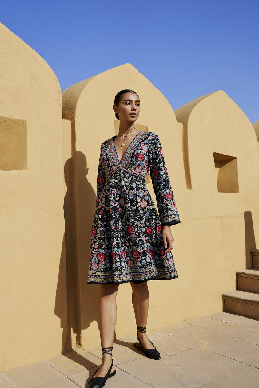 Floral Ballad Embroidered Zardozi Silk Dress - Black, Black, image 1