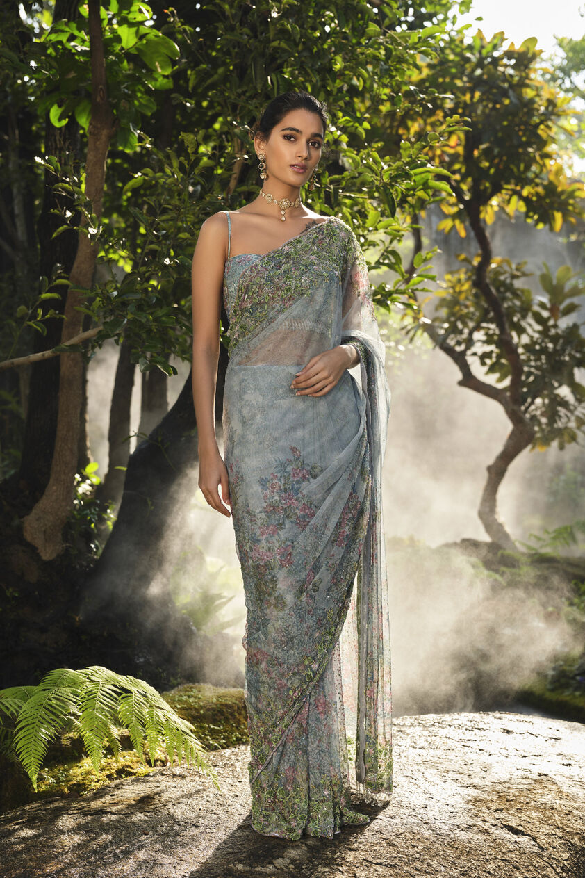 Blooming Meadows Embroidered Saree - Powder Blue, Powder Blue, image 2