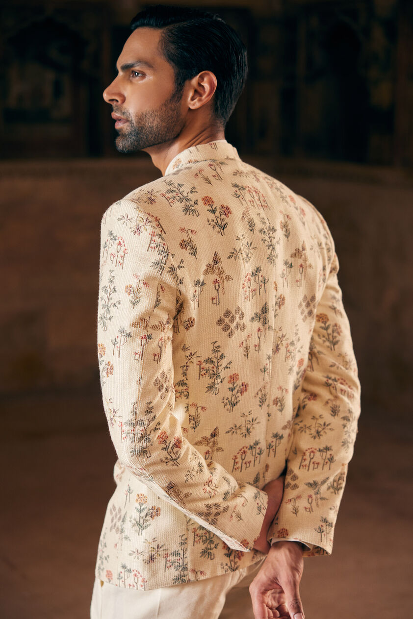 Suhan Printed Silk Bandhgala - Cream, Cream, image 6