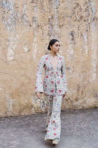 Galaxy Of Flowers Embroidered Zardozi Silk Set - Cream, Cream, image 2