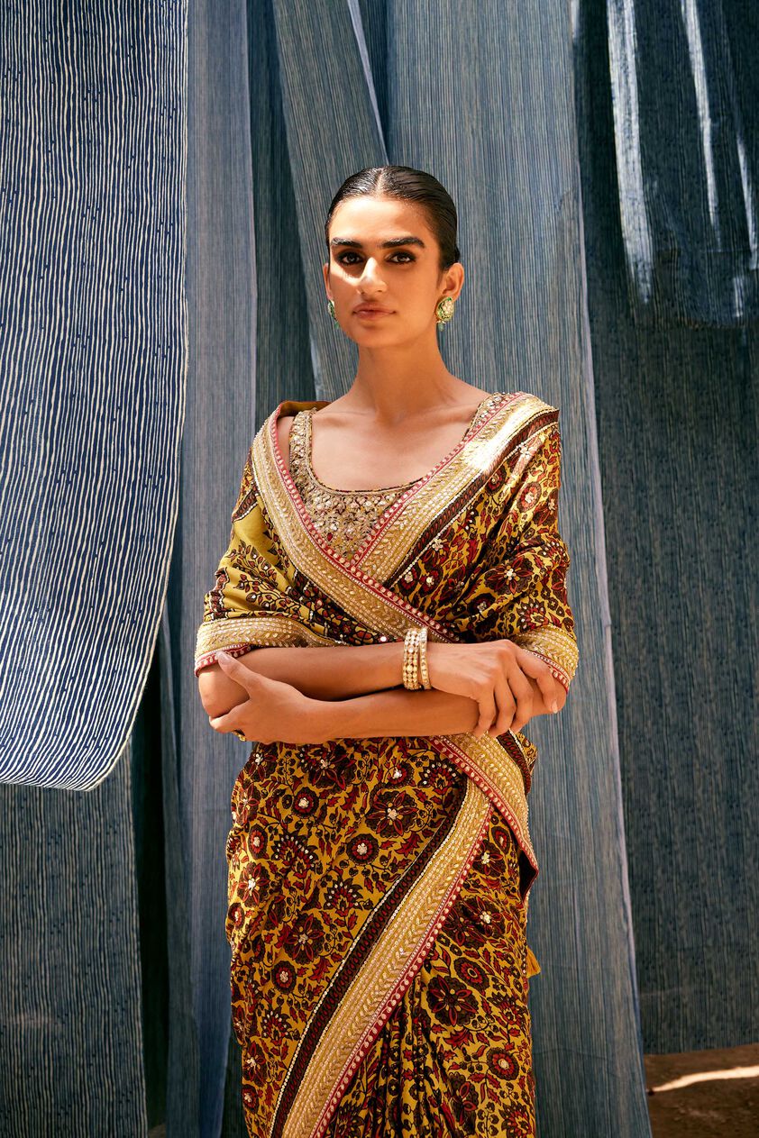 Kasano Ajrakh Hand-block Printed Silk Saree - Mustard, Mustard, image 1