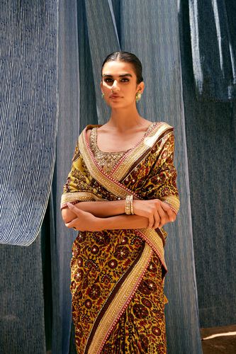 Kasano Ajrakh Hand-block Printed Silk Saree - Mustard, Mustard, image 1