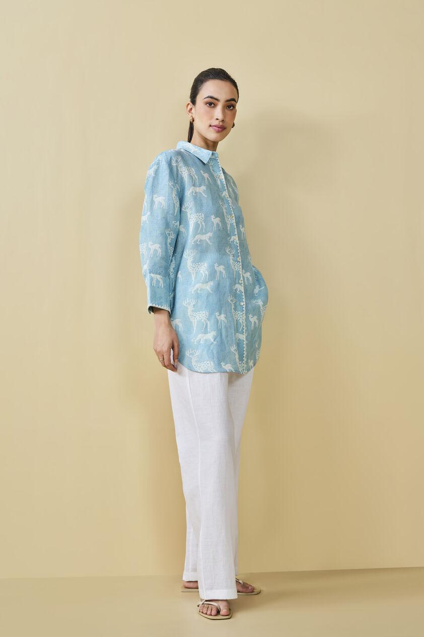 Chital Hand-Block Printed Linen Top  - Blue, Blue, image 6