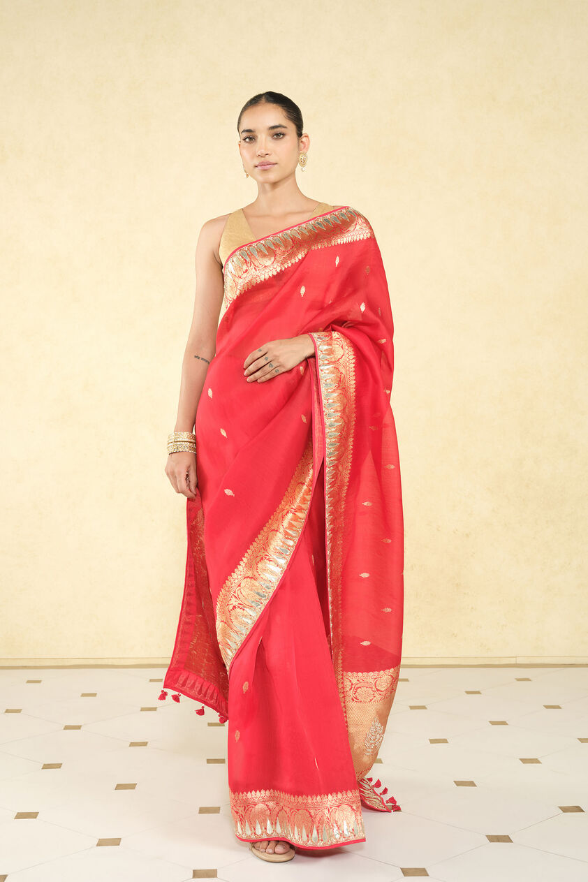 Ulka Handwoven Benarasi Saree Set, Red, image 1