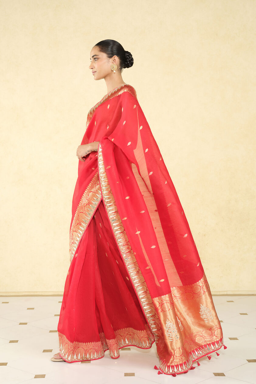 Ulka Handwoven Benarasi Saree Set, Red, image 3