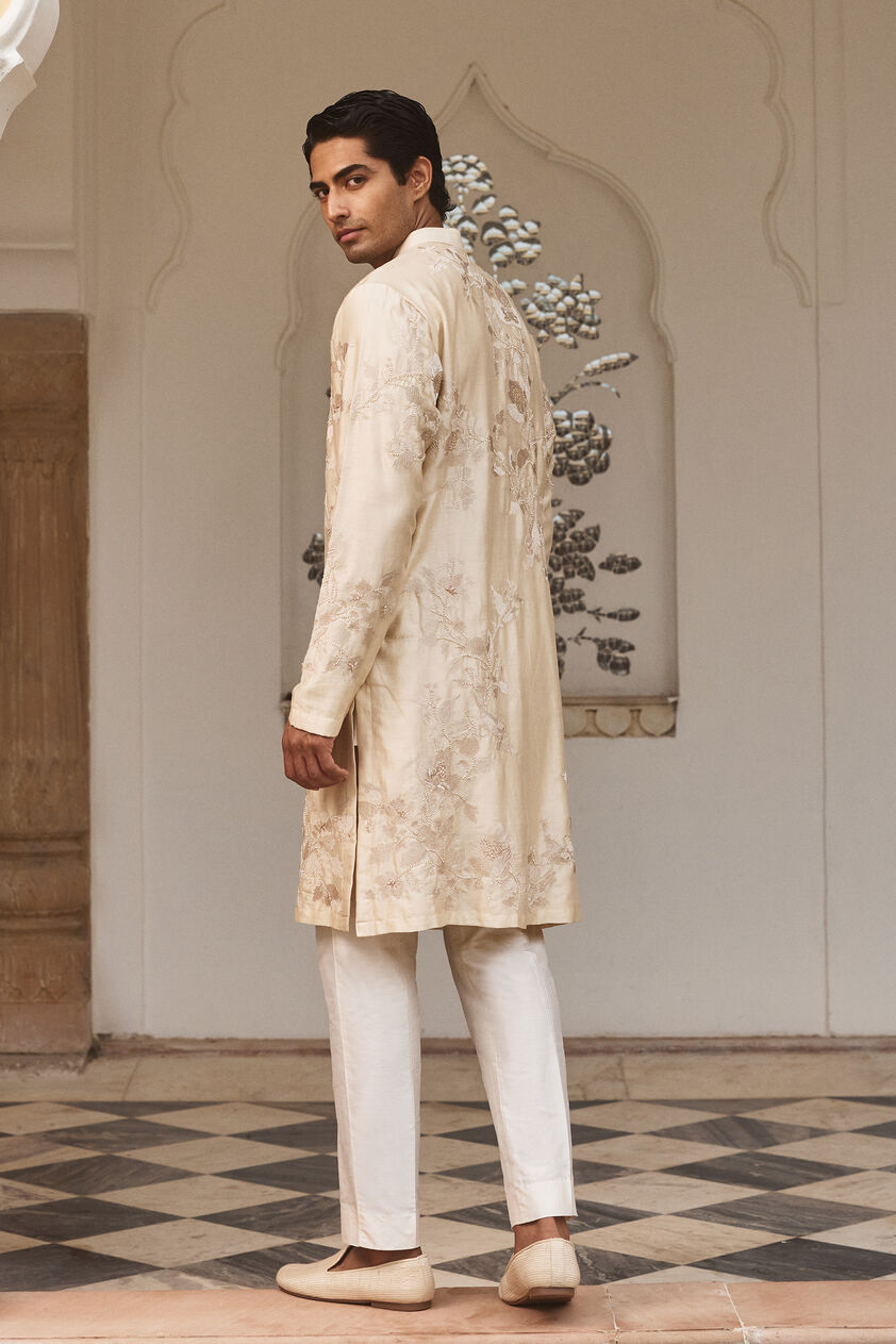 Dharv Embroidered Silk Kurta - Cream, Cream, image 2