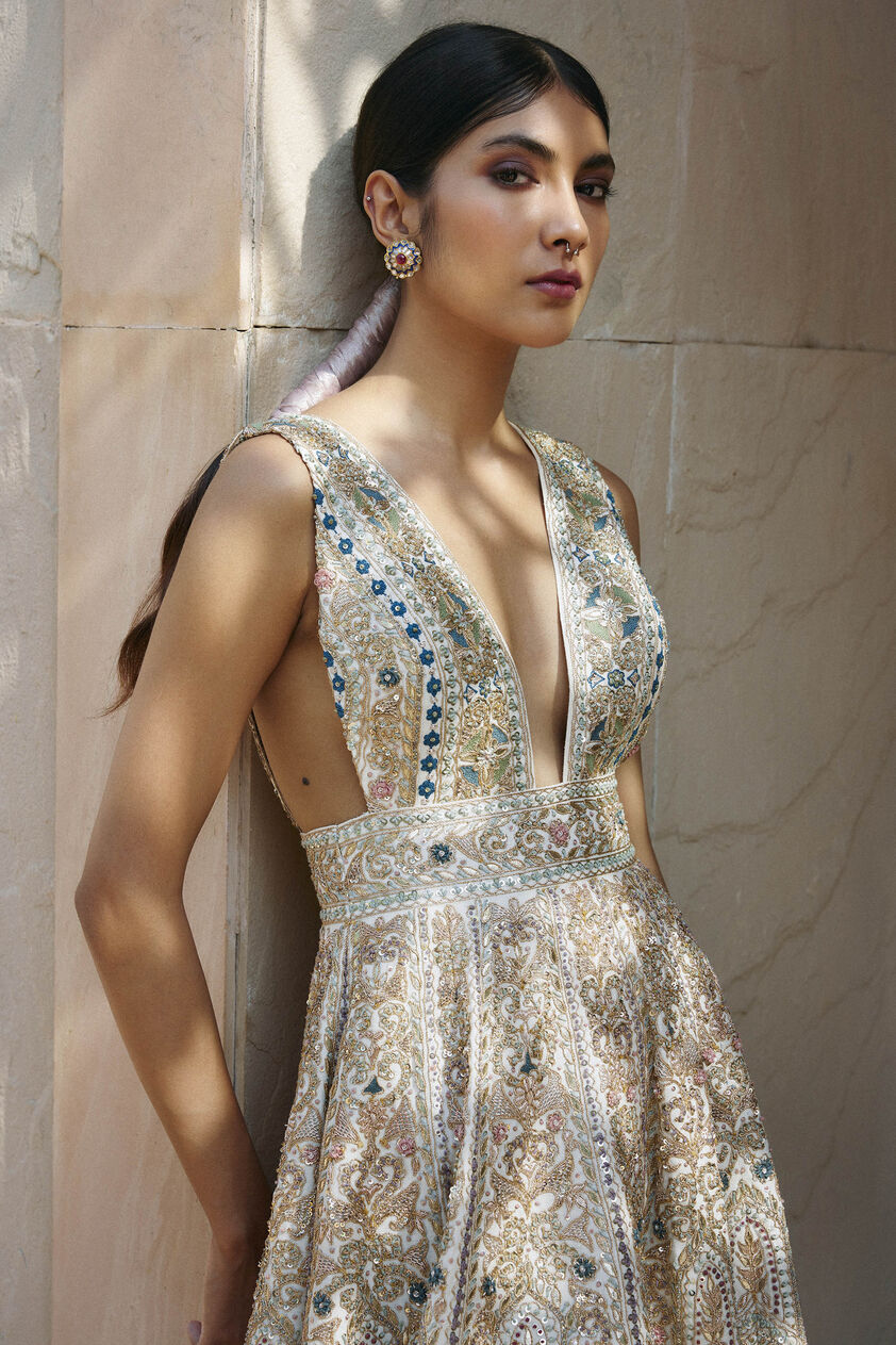 Mihika Zardozi & Gota Patti Silk Dress - Ivory, Ivory, image 4
