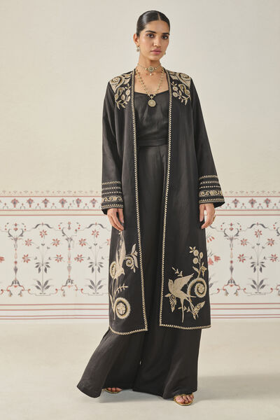 Saanjh Embroidered Cord Long Jacket Set - Black