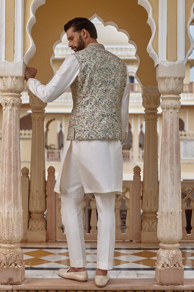 Avir Aari Embroidered Silk Nehru Jacket - Sage