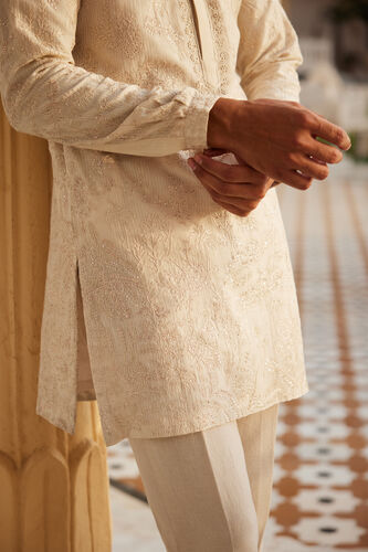 Adyant Embroidered Silk Kurta - Off White, Off White, image 3