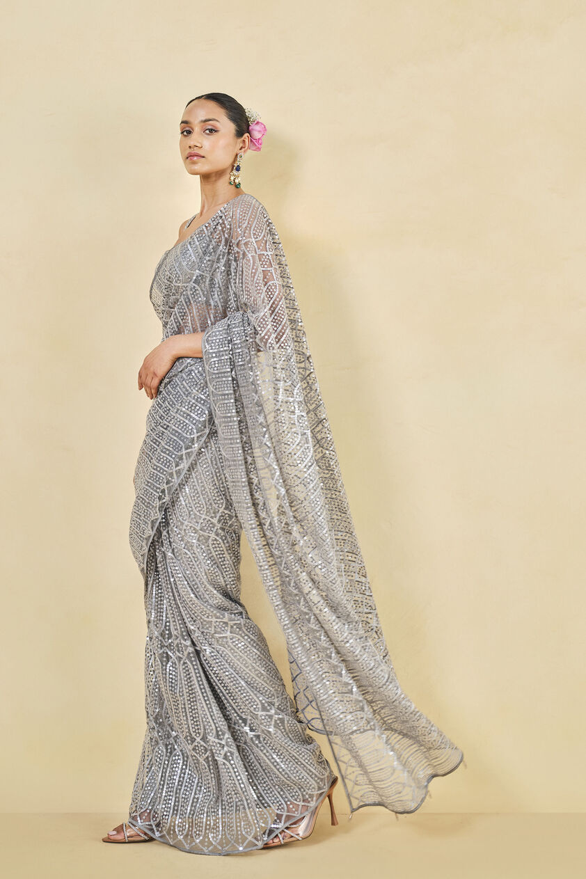 Refa Embroidered Saree - Grey, Grey, image 3