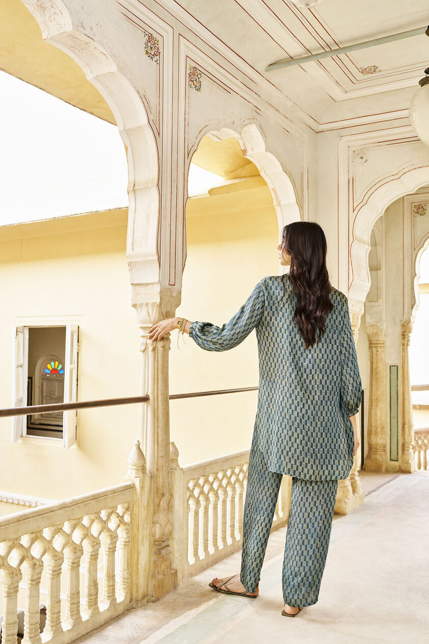 Mangrove Hand-block Printed Gold Khadi Coord - Emerald, Emerald, image 2