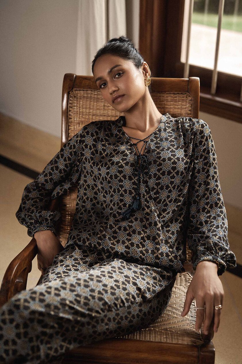 Relax Ajrakh Hand-block Printed Coord - Black, Black, image 3