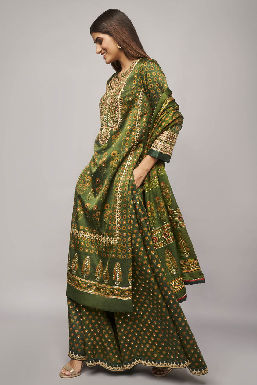 Tarita Ajrakh Sharara Set - Emerald green, Emerald Green, image 2