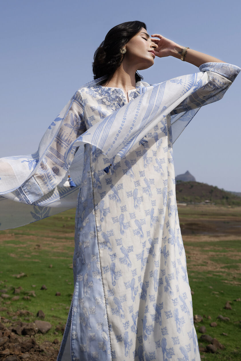 Ashling Hand-block Printed Mul Stole - Blue, White, image 1