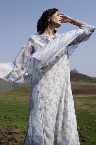 Ashling Hand-block Printed Mul Stole - Blue
