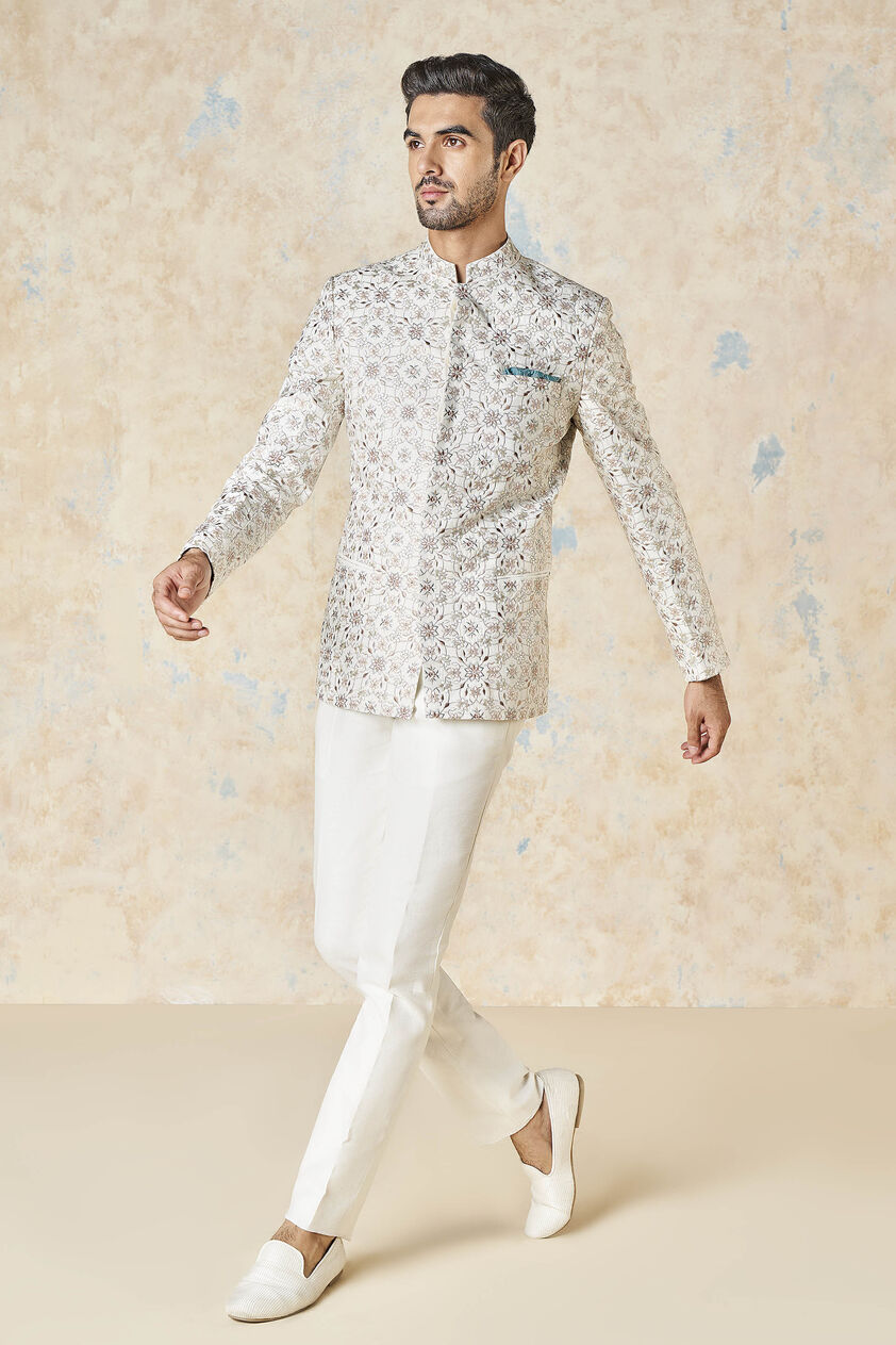 Dhavit Silk Bandhgala - Ivory, Ivory, image 2