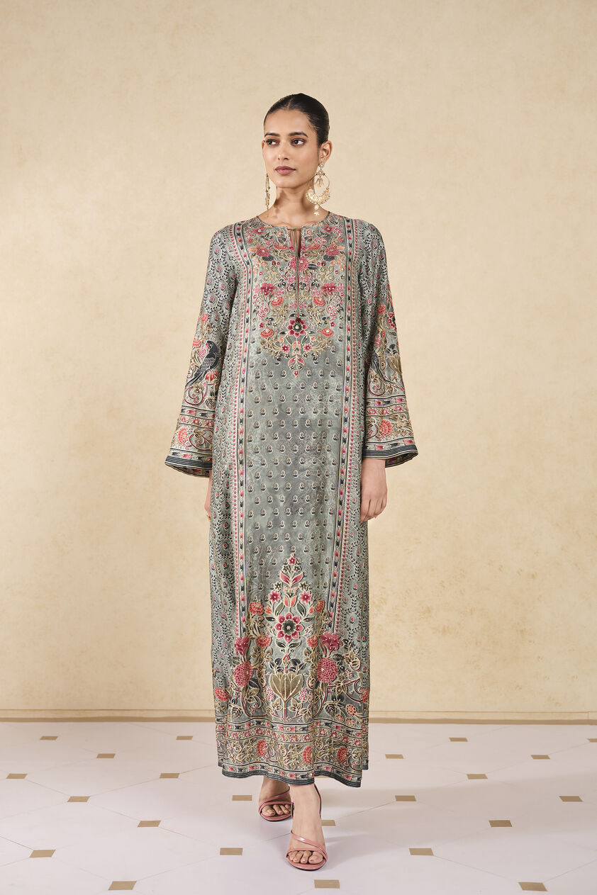 Sahra Printed Silk Kaftan - Sage, Sage, image 1