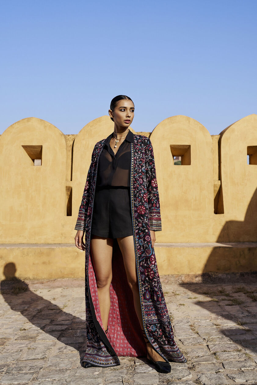 Serenade Of The Wildforest SEWA Hand-embroidered Silk Jacket Set - Black, Black, image 1