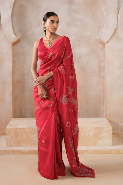 Corcoran Hand-embroidered Kantha Silk Saree - Red