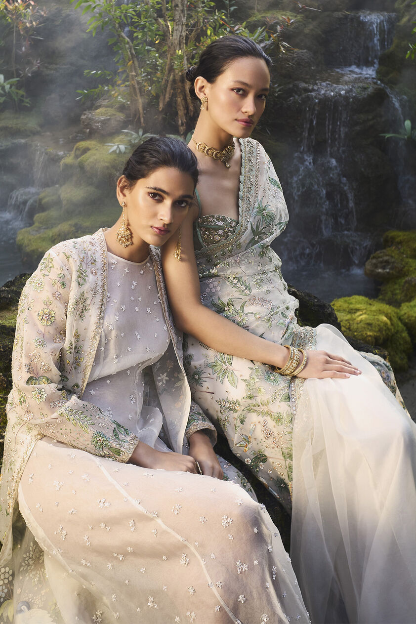 Shajar Hand-painted Pichhwai Silk Jacket Set - Ivory, Ivory, image 9