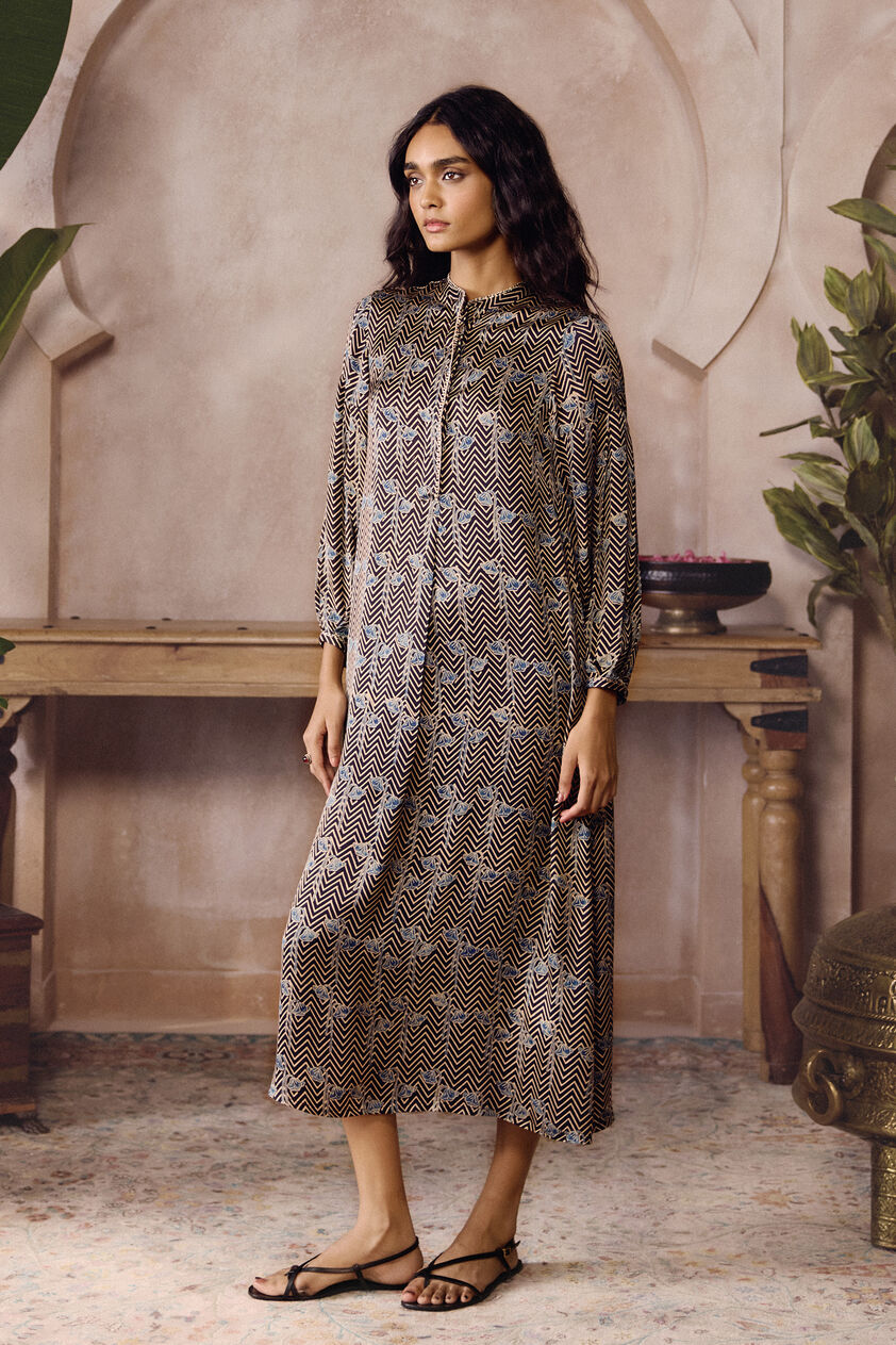 Risco Ajrakh Hand-block Printed Dress - Black, Black, image 1