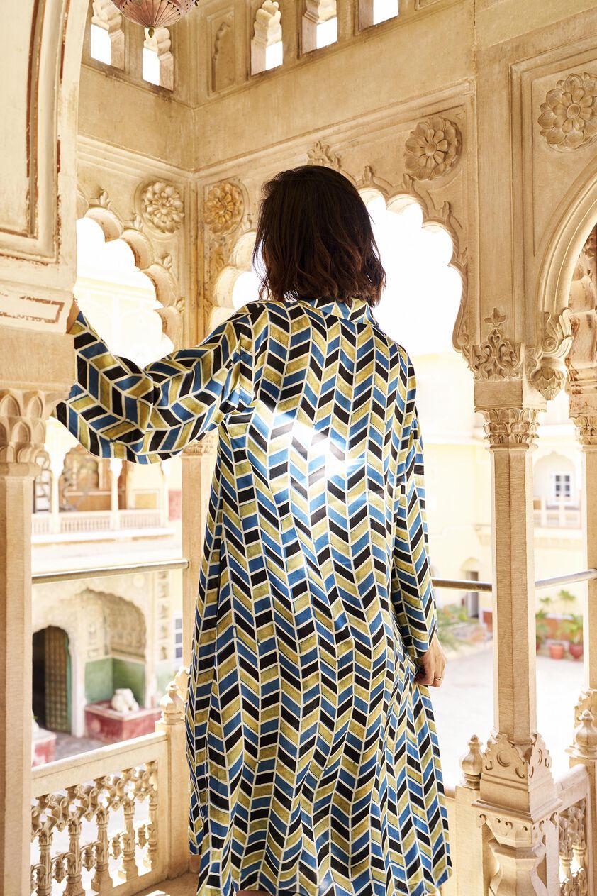 Idyll Ajrakh Hand-block Printed Dress - Green, Print, image 2