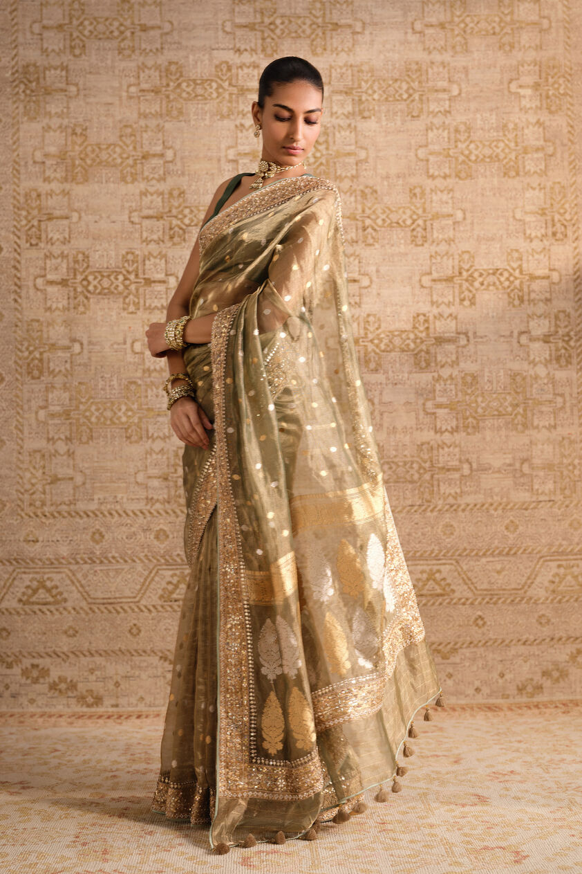 Devya Handwoven Benarasi Silk Saree, Sage, image 3
