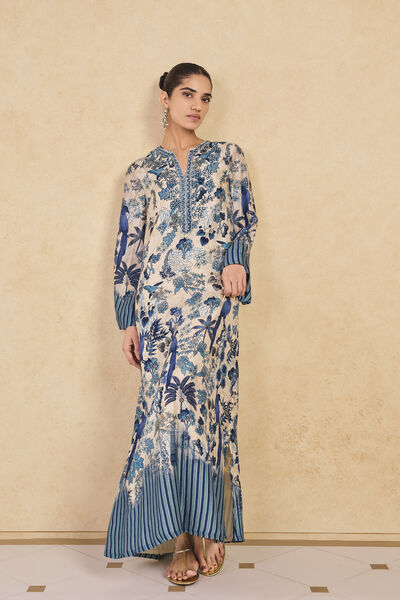 Avis Printed Silk Kaftan - Beige