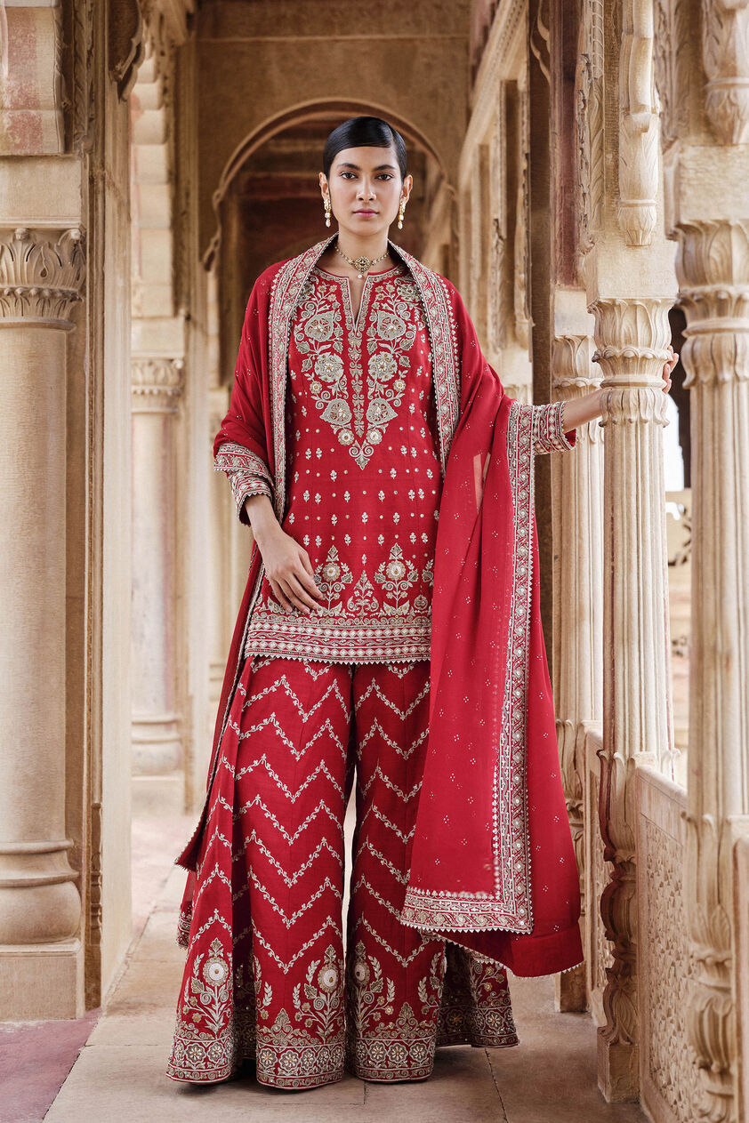 Maalavi Embroidered Cord Silk Suit Set - Red, Red, image 1