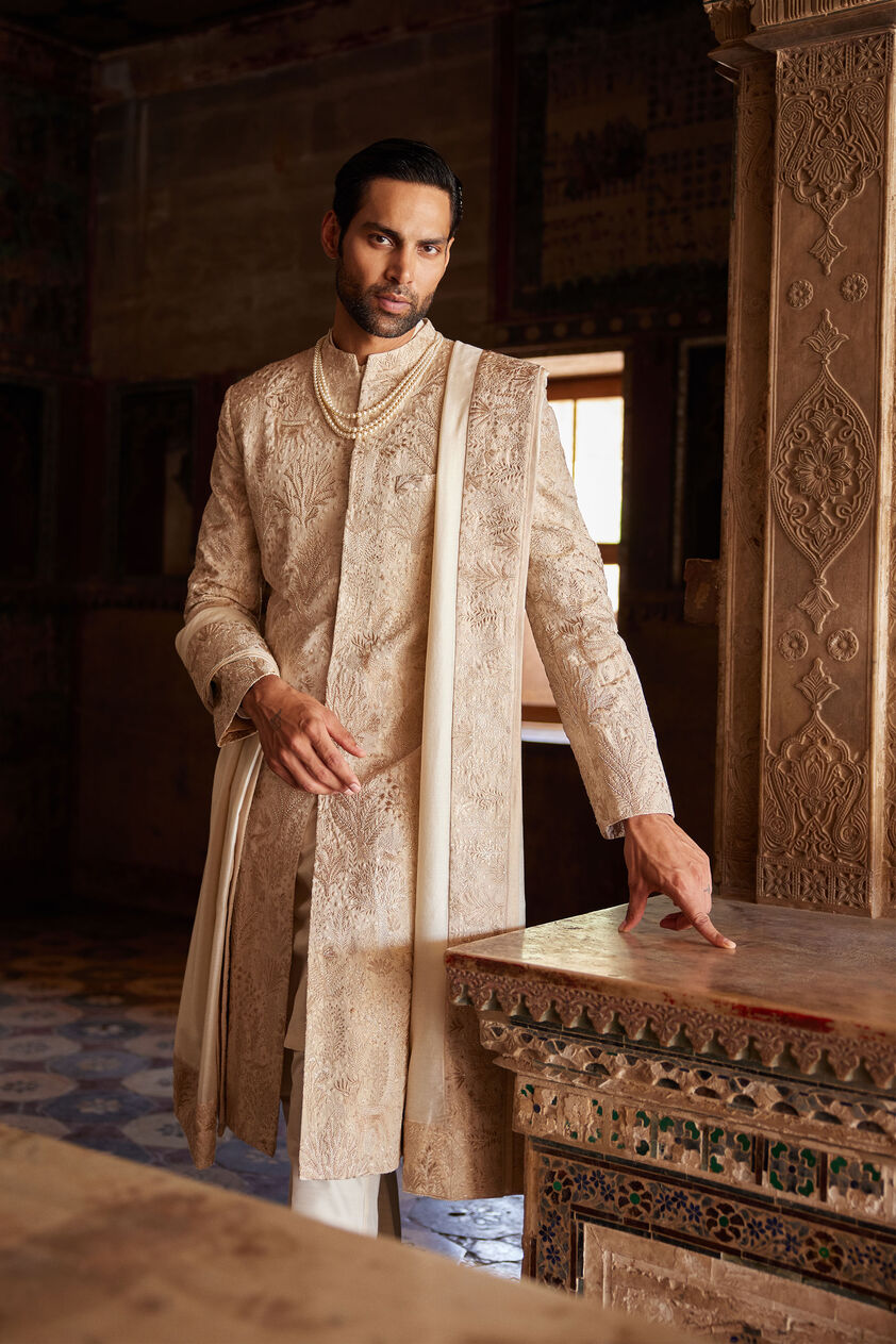 Parnav Hand-embroidered Sherwani - Gold, Gold, image 2