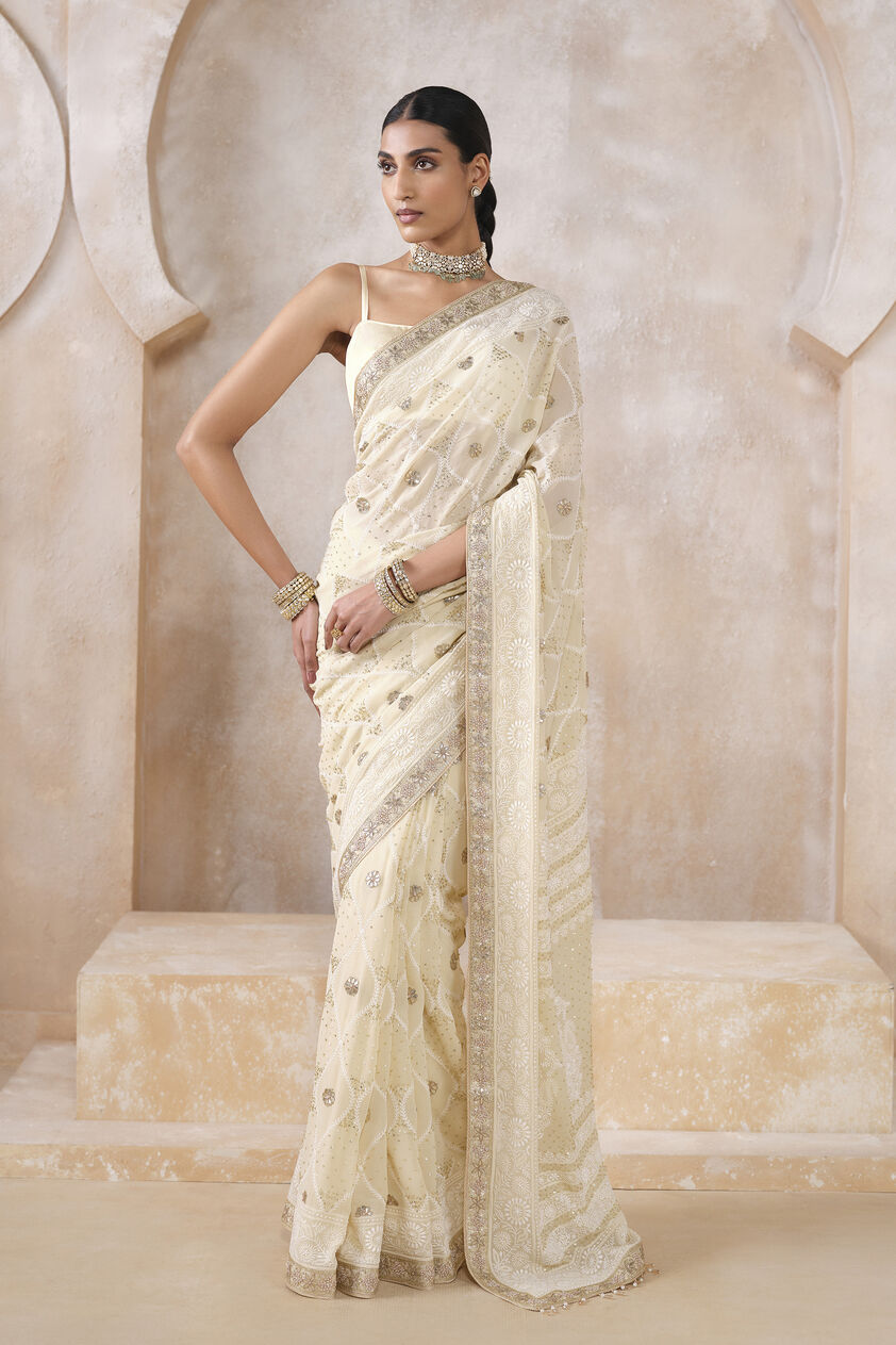 Sharika Hand-embroidered Chikankari Silk Saree - Beige, Beige, image 1