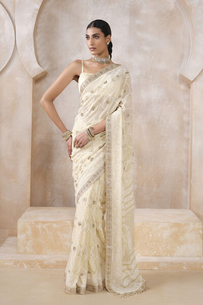 Sharika Hand-embroidered Chikankari Silk Saree - Beige