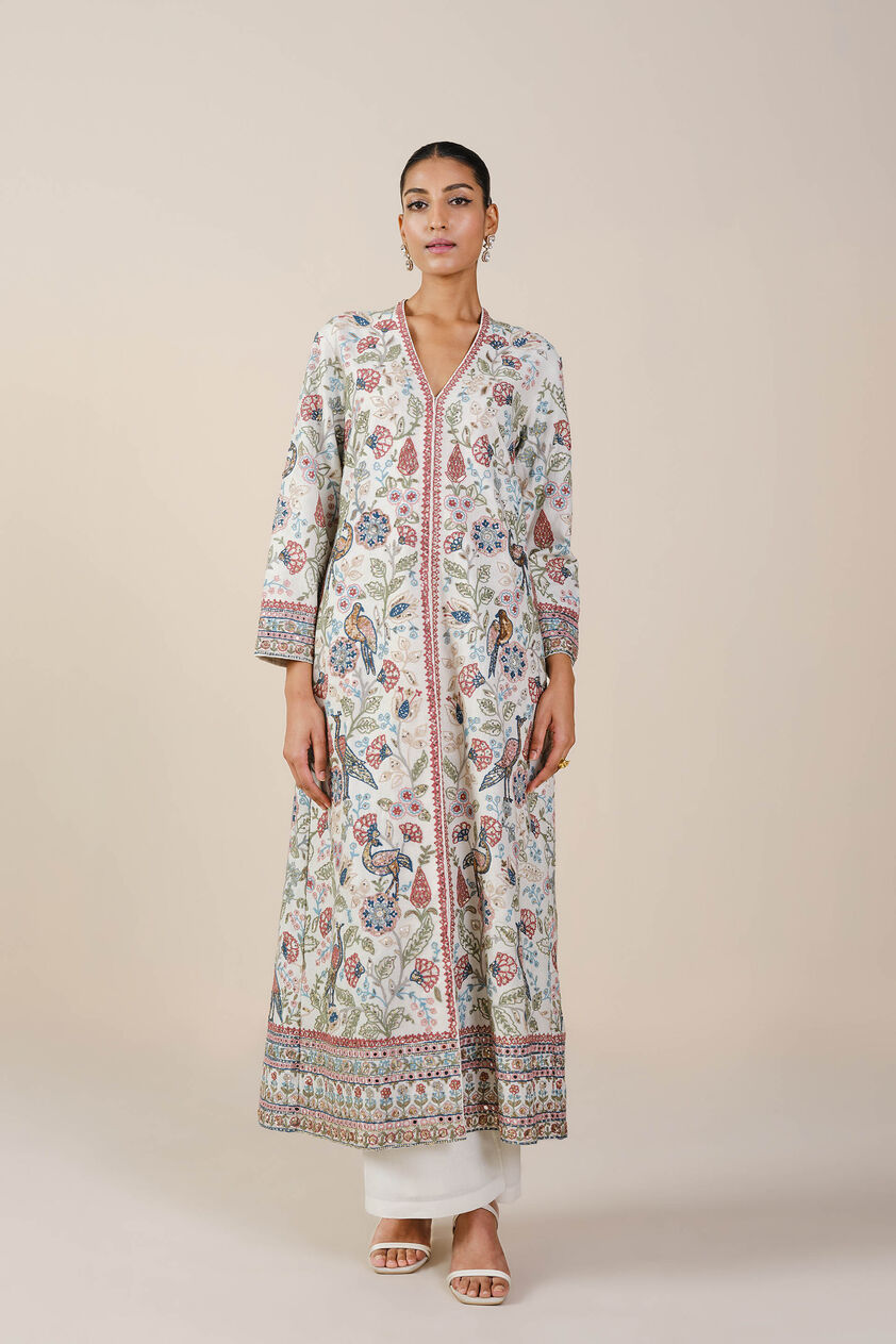 Paradise Of Flowers SEWA Hand-embroidered Silk Jacket Set - Ivory, Ivory, image 1