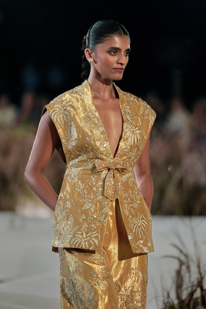 Summerfern Embroidered Applique Silk Pant Set - Gold, Gold, image 3