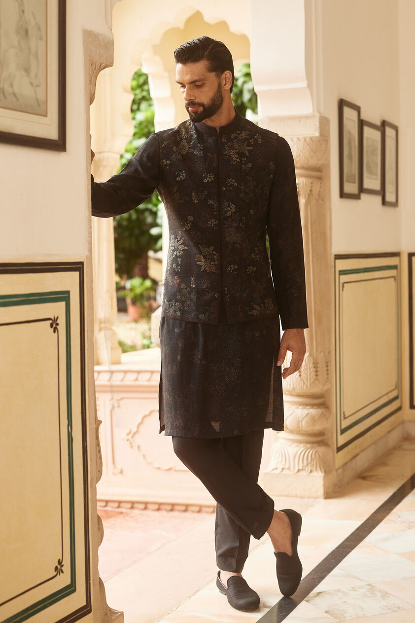 Samit Silk Nehru Jacket - Black, Black, image 1