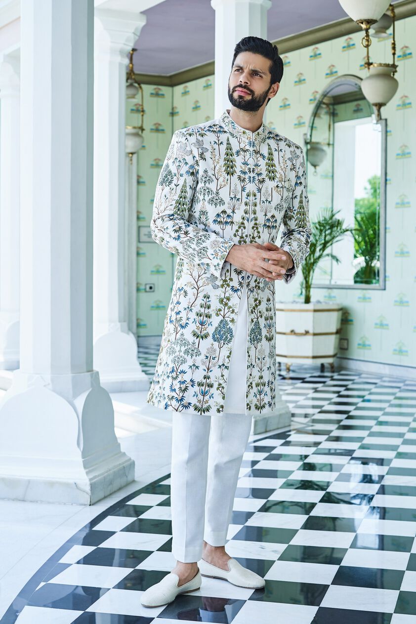 Taksh Hand-painted Pichhwai Silk Sherwani - Off White, Off White, image 1