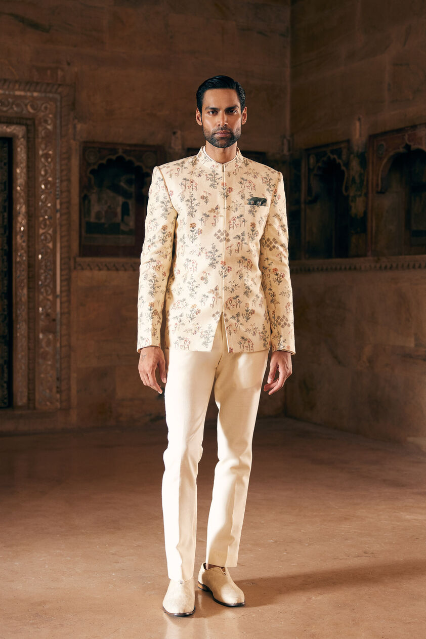 Suhan Printed Silk Bandhgala - Cream, Cream, image 1
