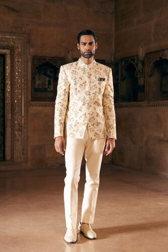 Suhan Printed Silk Bandhgala - Cream, Cream, image 1