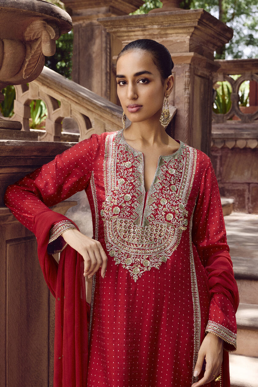 Sindhura Embroidered Silk Suit Set - Red, Red, image 3