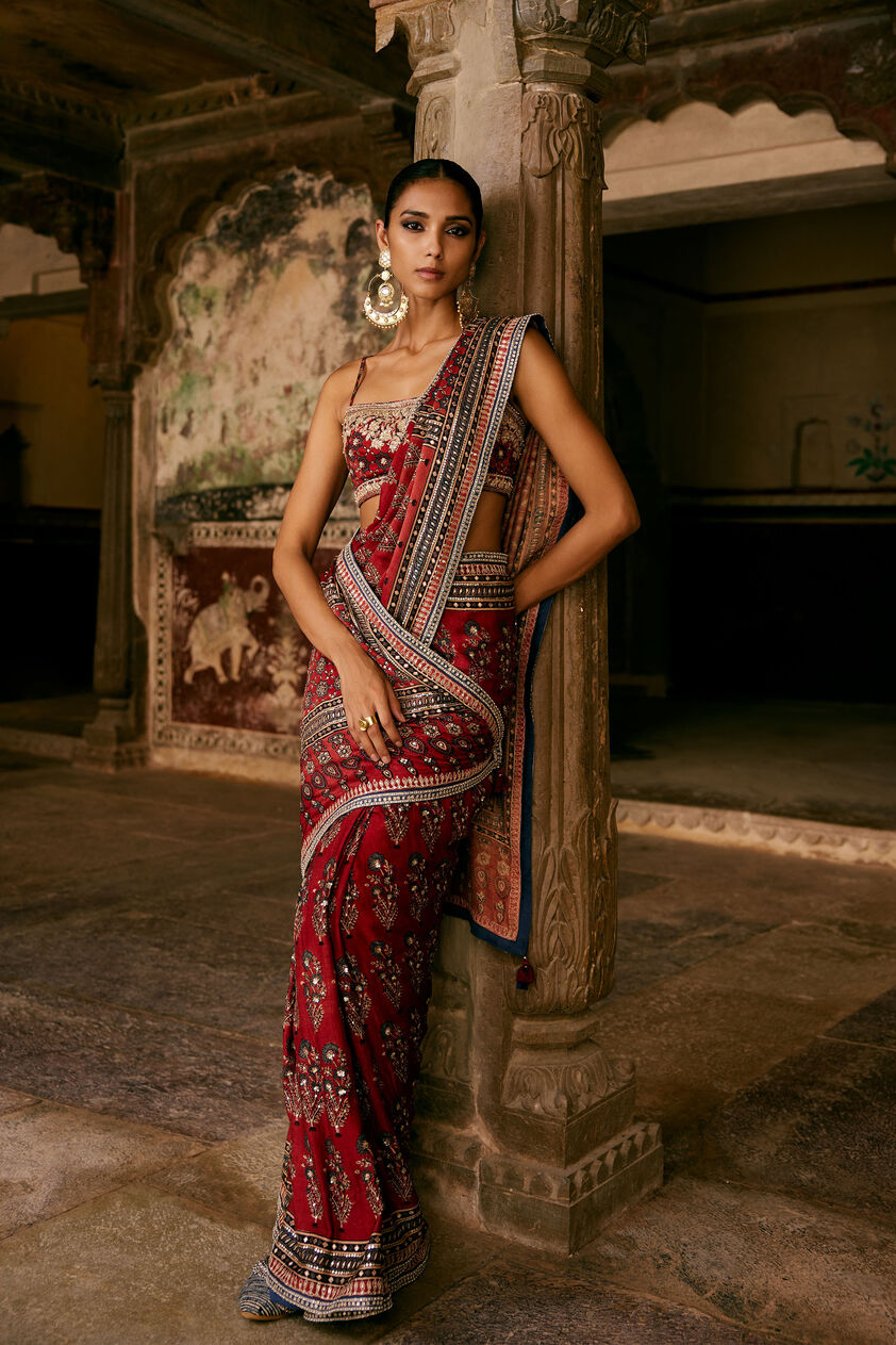 Saaj Ajrakh Hand-block Printed Silk Saree - Red, Red, image 1