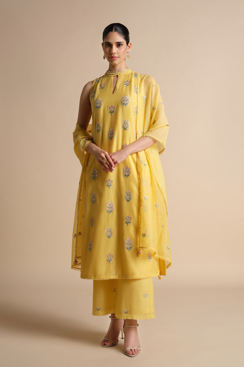 Helianthe Embroidered Mul Suit Set - Yellow, Yellow, image 1