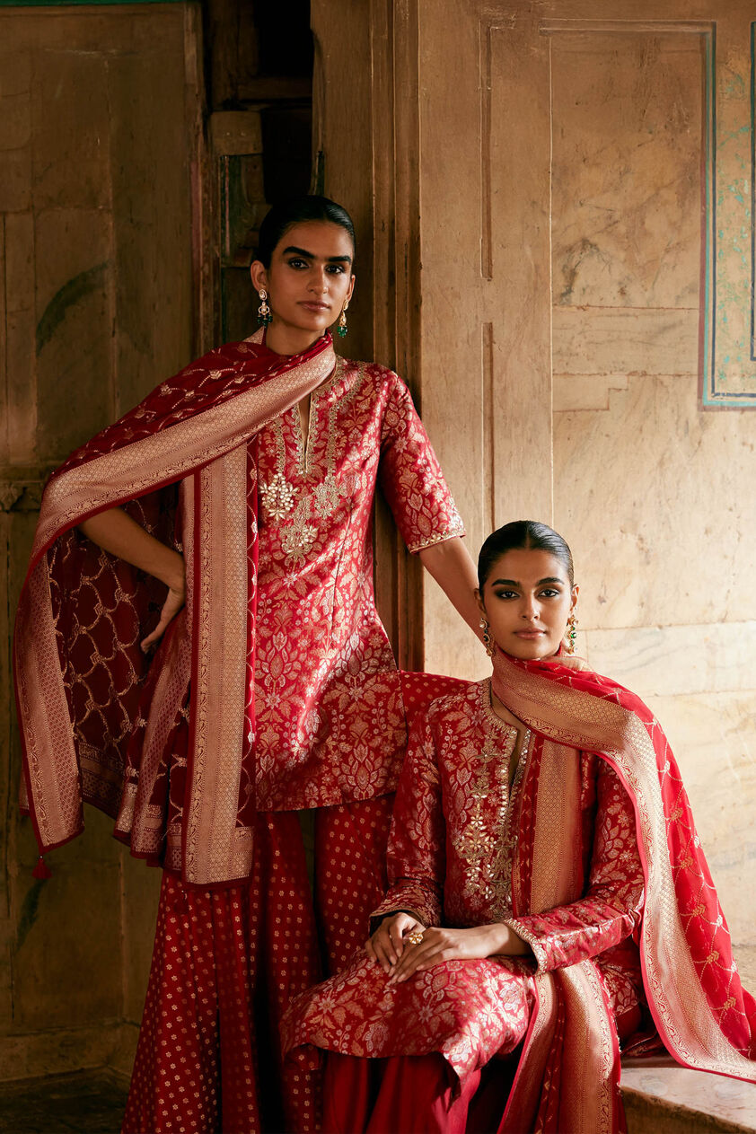 Samahita Handwoven Benarasi Silk Suit Set - Red, Red, image 5