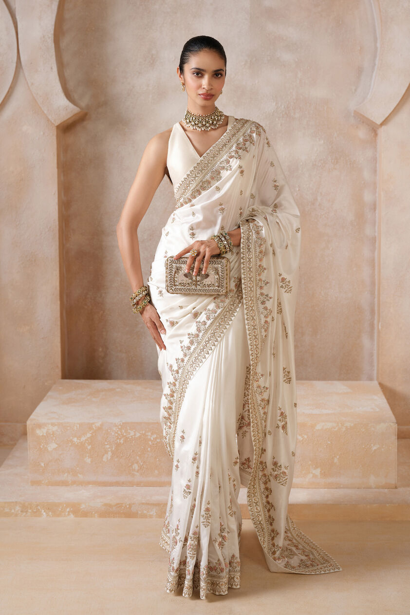 Debasmita Embroidered Silk Saree - Cream, Cream, image 1